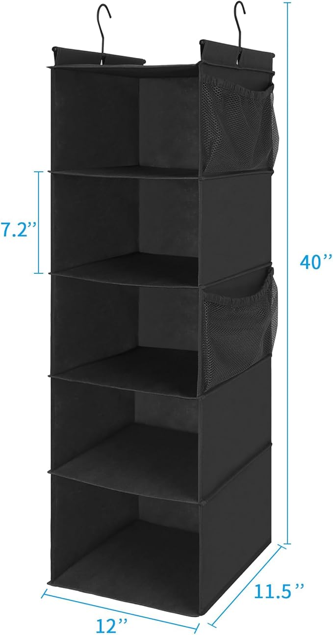 MAX Houser 5-Shelf Hanging Closet Organizer,Space Saver, Cloth Hanging Shelves with 4 Side Pockets,Foldable, Black