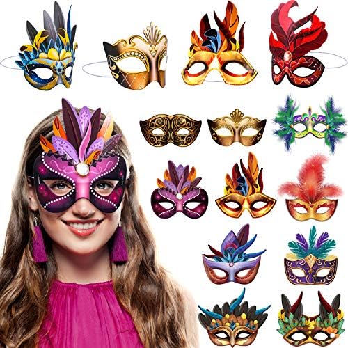 Blulu Mardi Gras Masks Paper Carnival Parade Faux Feather Face Masks Masquerade Party New Orleans Novelty Decorations Fantasy for Women Man Costume Party Favors