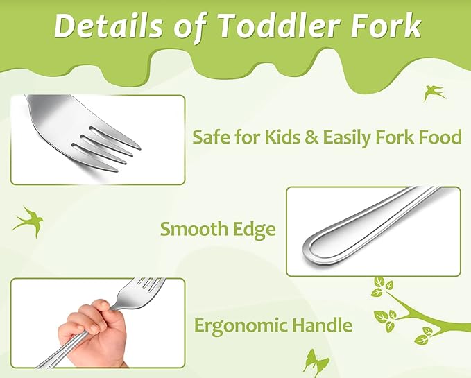 TeamFar Toddler Forks, 6 Pcs Stainless Steel Kids Utensil Small Fork for Child Self Feeding, with Line Patterned Edge, Non Toxic & Healthy, Mirror Surface & Dishwasher Safe, Easy to Grip