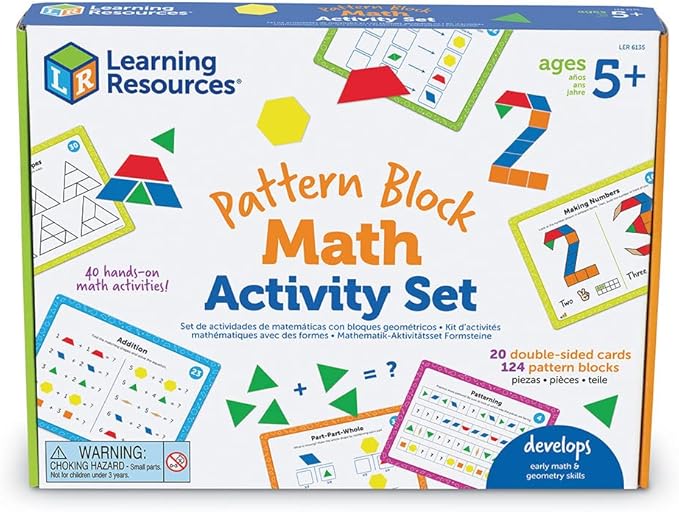 Learning Resources Pattern Block Math Activity Set, Math Games for Kids, Educational Games, Preschool Math, Montessori, 144 Pieces, Age 5+