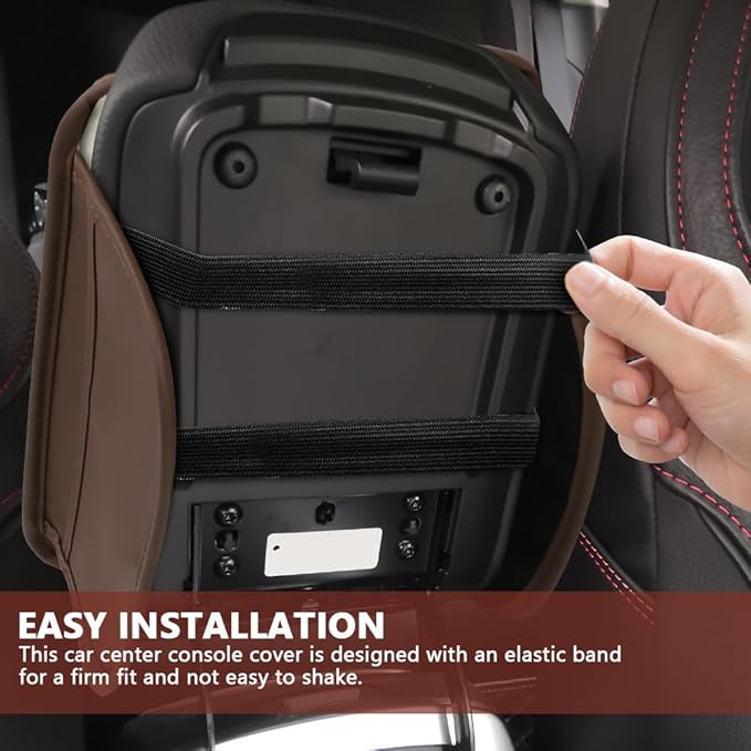 ongfuwu Car Center Console Cover, 12"×7.87" Waterproof Leather Auto Armrest Cover Protector with 2 Pocket, Comfortable Arm Rest Box Cushion Pad, Universal Interior Car Accessories (Coffee)