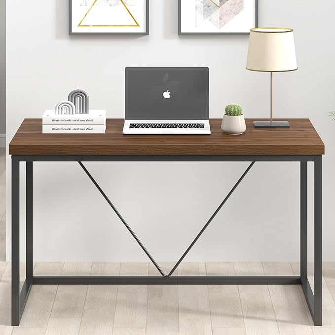 FOLUBAN Modern Office Desk, Rustic Wood and Metal Computer Desks, Industrial Study Writing Table, Simple Work Gaming PC Desk for Bedroom Living Room, Walnut 47 Inch