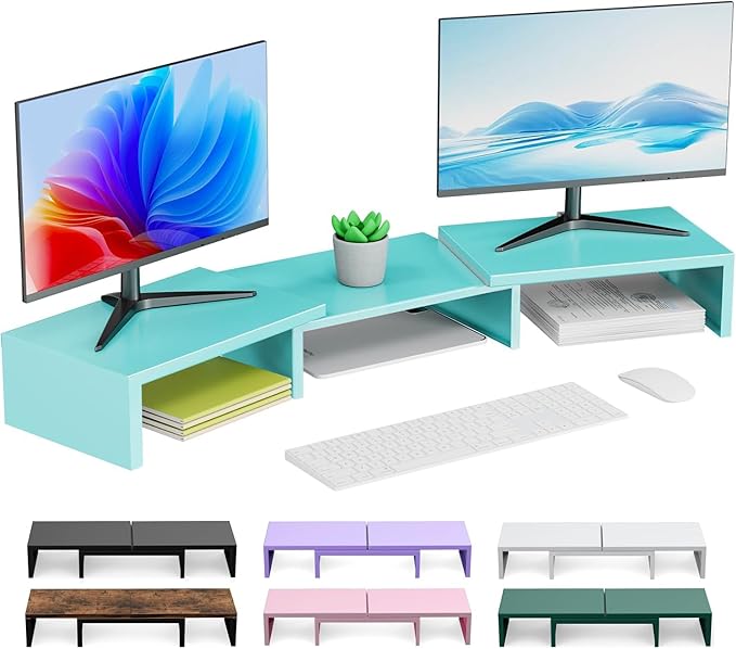 OUTIOE Dual Monitor Stand for Desk, Metal Computer Stand, Desk Shelf Riser,Desktop Organizer for Home and Office Use (Blue)