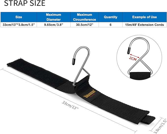 Extension Cord Organizer and Hanger (6-Pack), Trilancer Hook-and-Loop Storage Straps with Metal Hook to Hang on Walls for Cables, Wires, Rope, Hoses, Organization for Home, Garage or Workshop