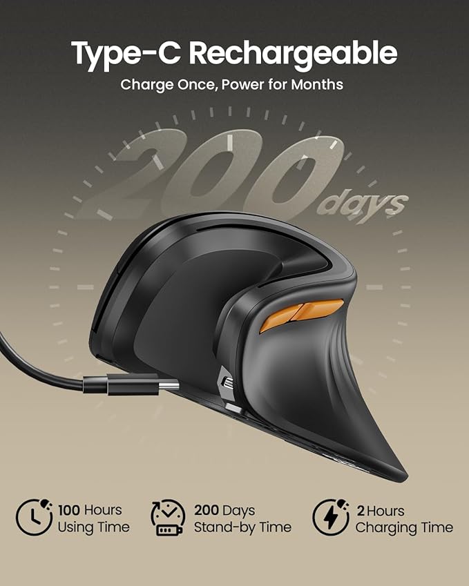 ProtoArc Ergonomic Mouse, EM11 NL Bluetooth Rechargeable Wireless Vertical Mouse, 3 Multi-Device Connectivity for Computer/PC/Laptop, 2.4GHz Optical Mice for Windows, Mac OS, Black