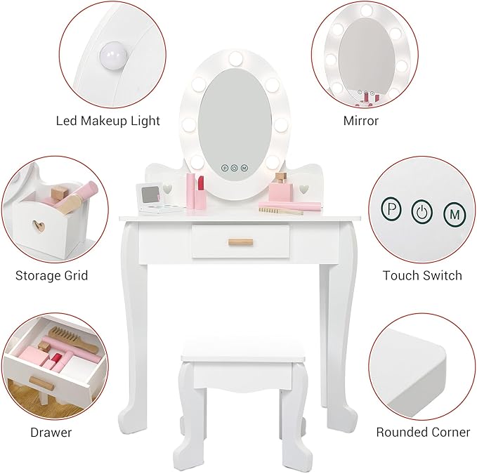 Kids' Vanity Set with Mirror and Light, Makeup Table and Stool for Girls, Vanity Table and Chair Set with Wood Makeup Playset for 4-9 Girls, White （Batteries Not Included）