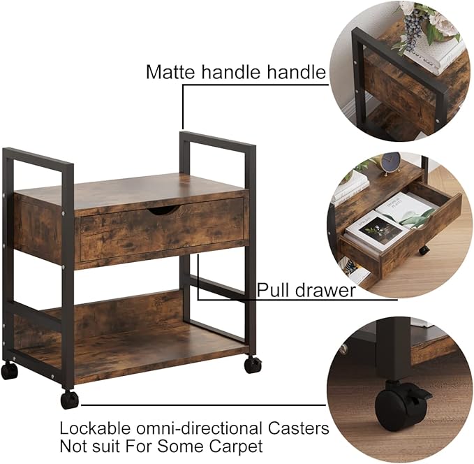 TigerDad Mobile Printer Stand with Storage Drawer, Utility Carts with Wheels, File Cabinet Workspace Desk Organizer Shelf for Home Office