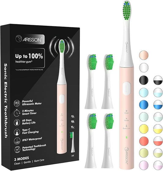 ARISSON Sonic Electric Toothbrush for Adults and Kids, 40,000 VPM Power Toothbrush, 1.5H Fast Charge Ultrasonic Electric Toothbrushes with 2 Minutes Smart Timer, White on Desert Sand