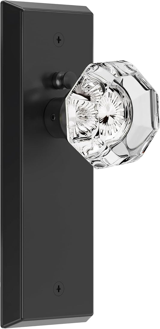 Glass Door Knobs for Interior Doors - Vintage Crystal Privacy Bedroom & Bathroom Door Knob with Lock - Diamond Cut Door Handle - Matte Black Finish (1 Pack)