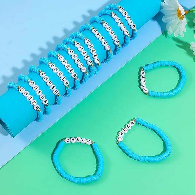 24 Pcs Cheerleader Gifts for Girls Handmade Friendship Bracelets for Teen Girls Stretch Cheer Bracelets Y2k Cheer Stuff Stackable Clay Bead Bracelets Bulk Teens Birthday Christmas Party Favors