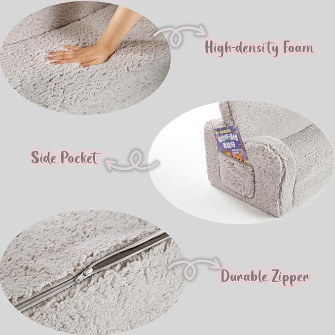 Kids Extra Wide Chairs for Toddler, 2-in-1 Toddler Soft Sherpa Couch Fold Out, Convertible Sofa to Lounger for Girls and Boys, Grey