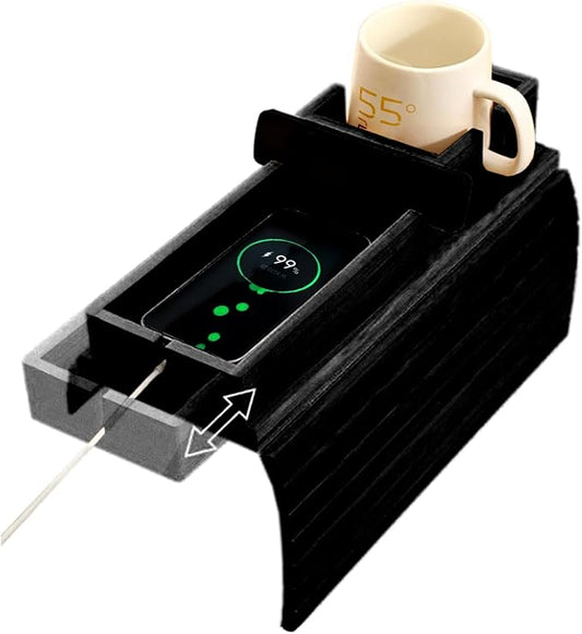 CNQLIS Bamboo Couch Cup Holder - Detachable Sofa Armrest Tray, Anti-Slip Foldable Sofa Table Tray for Drinks, Cellphone, Remote, Snacks, Versatile 2-in-1 Couch Arm Tray Set (Black)