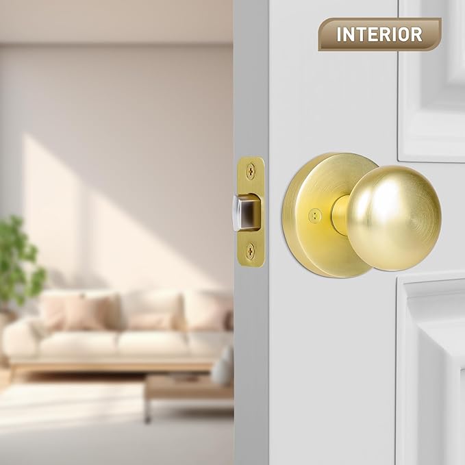 Passage Interior Door Knobs, Gold/Brass Door Knob for Hall and Kitchen, No-Locking Vintage Round Design Door Handle, Zinc Alloy 1 Pack