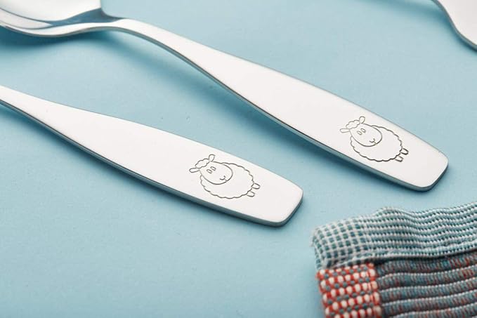 ANNOVA Kids Silverware Children's Safe Flatware Set Stainless Steel - 12 x Children Dinner Spoons, Toddler Utensils, Metal Cutlery Set for LunchBox (Engraved Dog Bunny) (Stainless Steel, 12 Spoons)