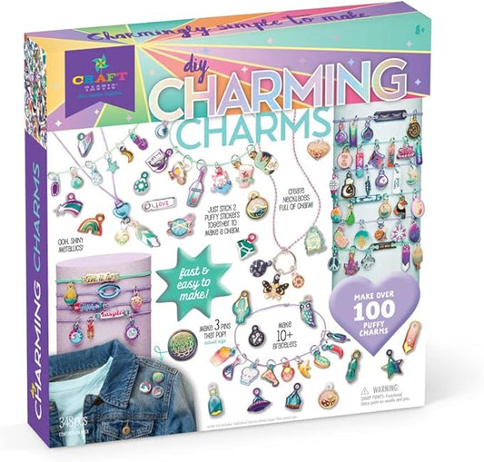 Craft-tastic — Puffy Charming Charms — Designs Pins, Necklaces, and Bracelets — Fun Creative Craft Kit for Ages 8+