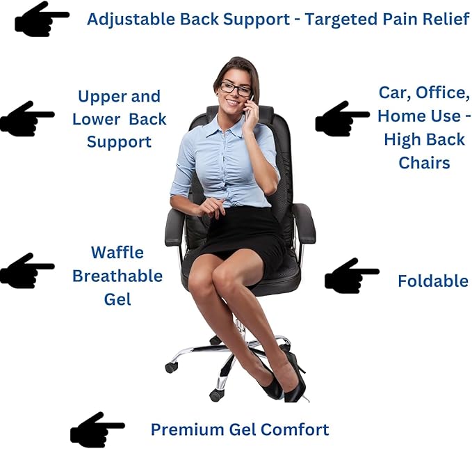 FOMI Gel High Chair Back Support and Seat Cushion | Adjustable Lumbar Pillow Placement for Upper Lower Thoracic, Coccyx, Pressure Sore Pain Relief | for Car, Office Chair, Gaming | Posture Aid