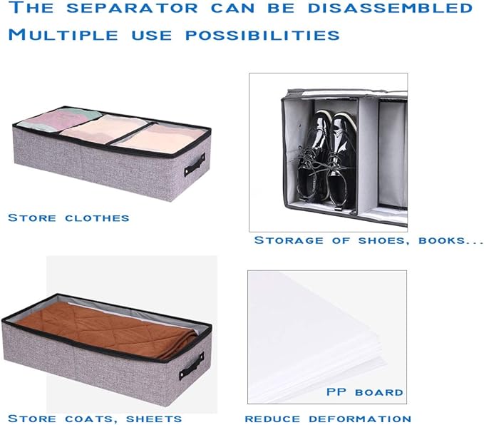 AARAINBOW Foldable Under Bed Clothes Organizer with Lid, Underbed Storage Container with Adjustable Dividers, Clear Window, Gray