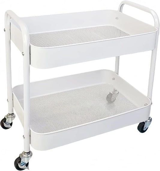 LIWNYRK 2 Tier Metal Rolling Cart with Wheels for Under Desk Storage & Pantry Storage, High Load-Bearing Kitchen Utility Cart for Small Space, Laundry Room Organization Side Table with 4 Hooks, White