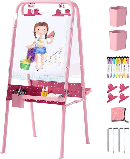 FUNLIO Foldable Outdoor Easel for Kids Aged 3+, Double-Sided Kids Easel with 2 Acrylic Boards & 21 pcs Accessories, Waterproof & Sunproof Art Easel for Kids, Portable & Stable - Pink