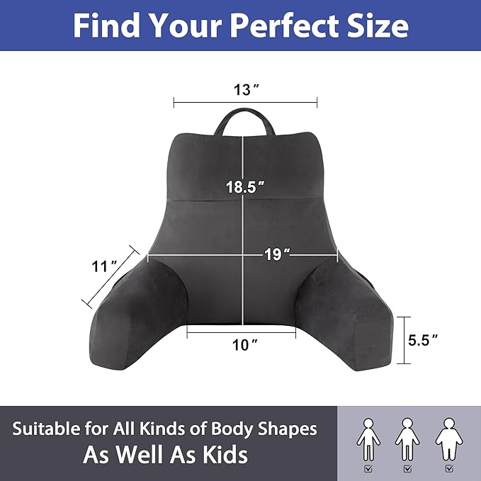 Back Pillow for Bed Sitting up, Reading Pillow for Sitting in Bed Adult, Back Support Pillow, Memory Foam Sit up Lounge Backrest Pillow with Arms for TV, Couch, Chair, Dorm, 18 Inch, Grey