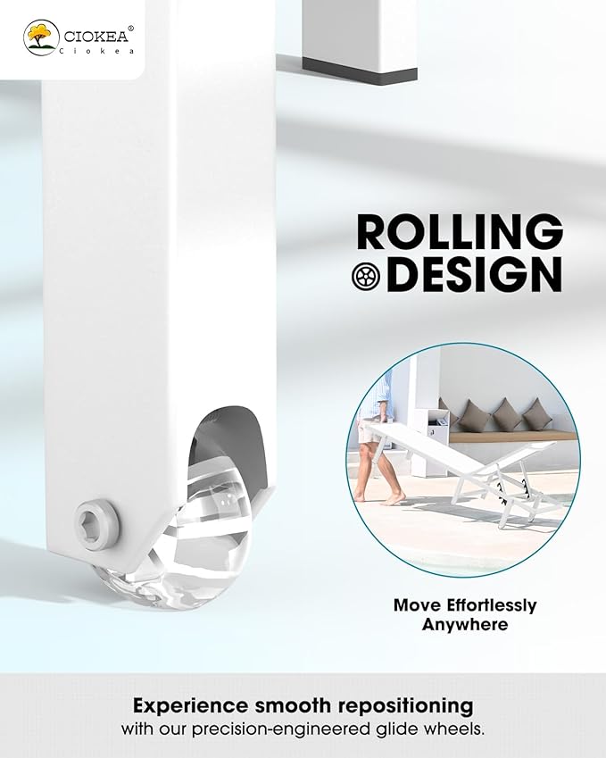 Aluminum Chaise Lounge Chair Outdoor with Wheels, Patio Lounge Chair with Adjustable 5-Position Recliner and Full Flat Tanning Chair for Patio, Beach, Pool, White