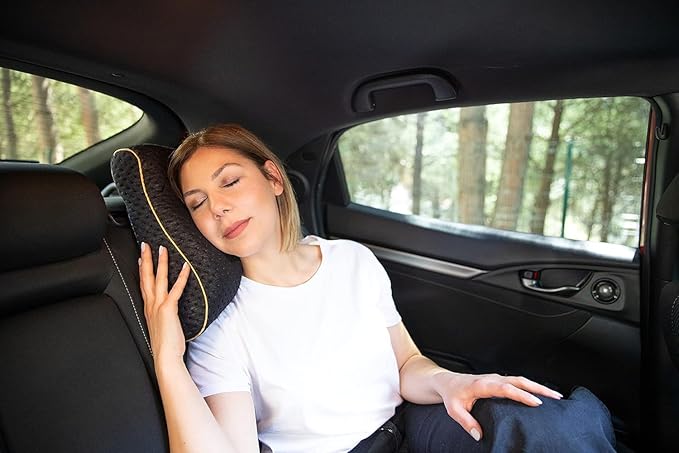 alkamto Travel & Camping Comfortable Memory Foam Pillow – Easy to Carry Portable Bag – Temperature Regulating Pillow Case (Black Contour + Extra Cover)