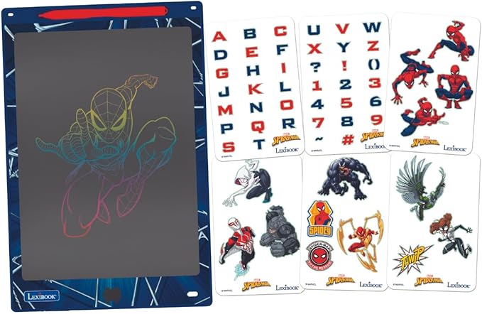 Lexibook, Spider-Man, Magic Slate, Artistic and Creative Toy for Girls and Boys, Multicoloured Drawings, 11" Screen, Includes 1 Stylus and 6 Stencils, Blue, CRT10SP