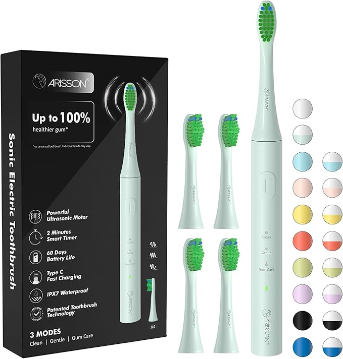 ARISSON Sonic Electric Toothbrush for Adults and Kids, 40,000 VPM Power Toothbrush, 1.5H Fast Charge Ultrasonic Electric Toothbrushes with 2 Minutes Smart Timer, 1.6 Oz Travel Toothbrush, Powder Blue