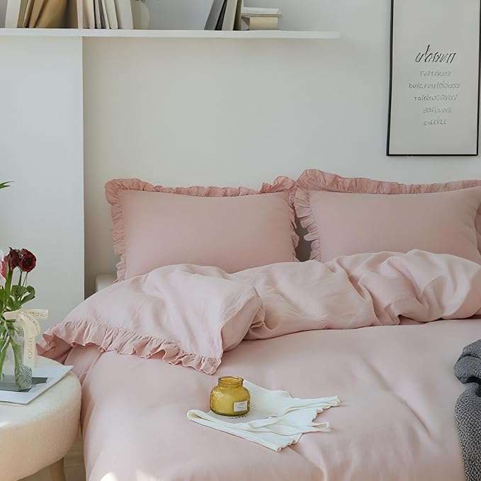 Simple&Opulence 100% Linen Duvet Cover Set, Natural French Flax Blush Pink Ruffle Duvet Cover Twin Size, Breathable Comfy Linen Bedding Comforter Cover with 1 Pillowcase (Blush Pink, 68" X 86")