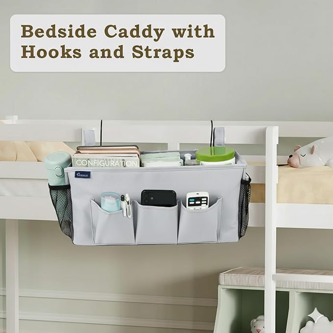Surblue Bedside Organizer with Hook Bedside Caddy Hanging Storage Bag with Adjustable Straps and Water Bottle Holder for Home College Dorm Bunk Bed Accessories, Hospital Bed,Lightgrey