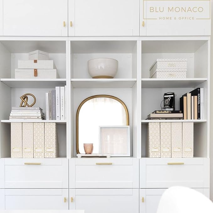 BLU MONACO | Cardboard Magazine File Holder Set of 4 | Vertical Magazine File Holder for Desk and Shelves | Cream Gold Foldable Magazine Holders with Label Slots