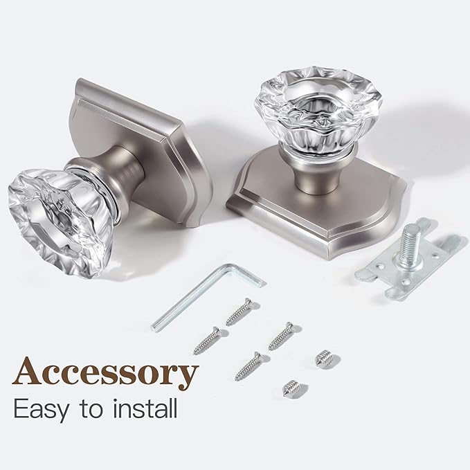 CLCTK 2 Pack Crystal Dummy Door Knobs, Non-Turning Single Side Dummy Door Knob, Brushed Nickel