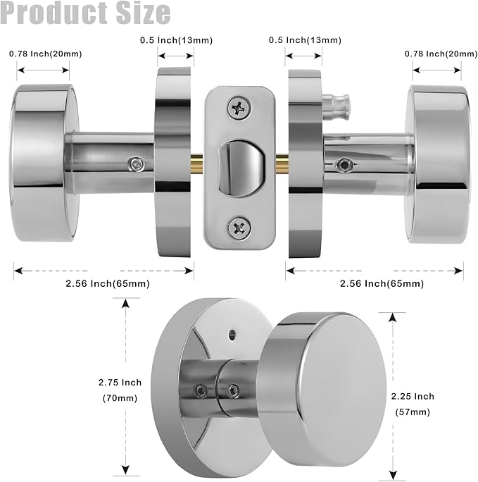Polished Chrome Door Knobs Interior, Polished Chrome Privacy Door Knob with Lock, Heavy Duty Round Modern Door Handle for Bedroom Bathroom