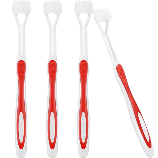 Boao 4 Pieces Three Sided Toothbrush Autism Sensory Toothbrush Bristle Travel Brush for Kids Complete Teeth Gum Care Good Angle Clean Tooth, Soft and Gentle(Red)