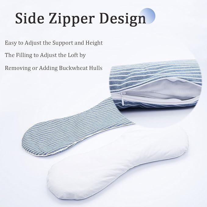 Buckwheat Pillow Cervical Neck Pillow, Buckwheat Hulls Filling Cooling Lumbar Support Pillow, Adjustable Firmness Ergonomic Design with Washable Cover, Blue 19"X7"