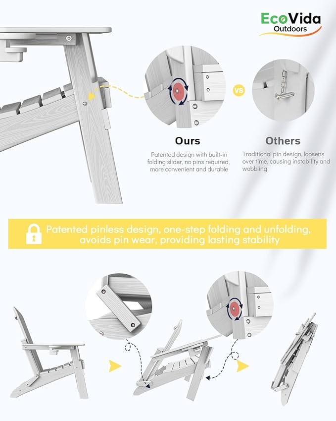3-Piece Folding Adirondack Chair Set - 38" Extra Tall Back & Embossed Wood Grain, Oversized HDPE Patio Furniture with Side Table & Cup Holders, 380lb Heavy Duty, White
