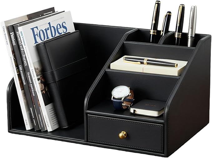 KINGFOM PU Leather Desk Organizer, Multifunction 6 Compartment Desk Organizers and Accessories for Office Supplies, Pen Pencil Holder/Book Mail Organizer Holder for Desk with Drawer(Black)