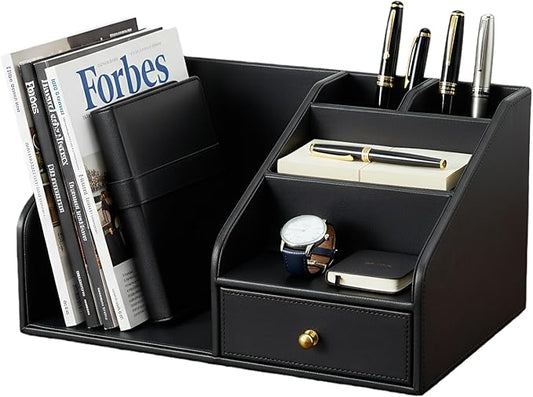 KINGFOM PU Leather Desk Organizer, Multifunction 6 Compartment Desk Organizers and Accessories for Office Supplies, Pen Pencil Holder/Book Mail Organizer Holder for Desk with Drawer(Black)