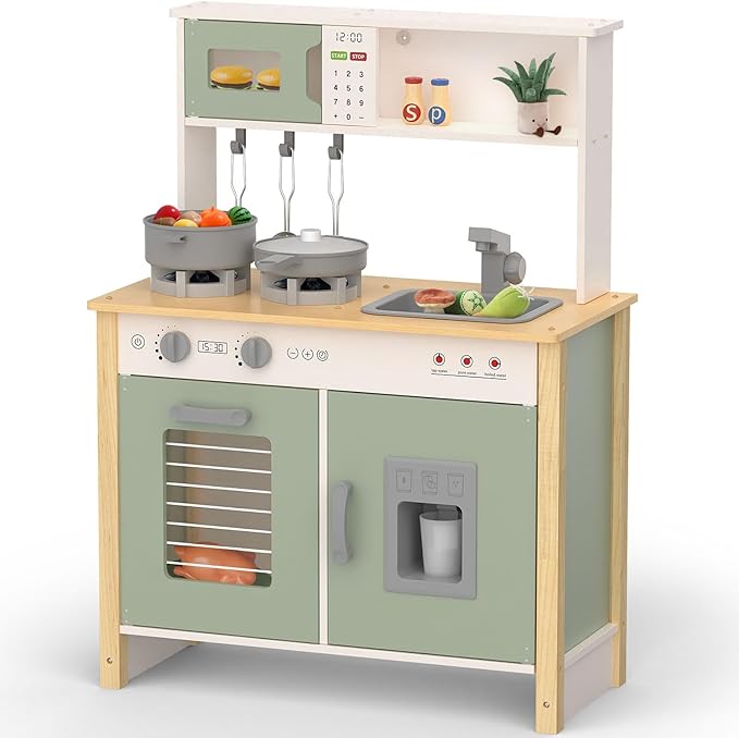 Babytronic Kids Play Kitchen, Wooden Kitchen Playset for Kids Ages 3+ with Real Lights, Sounds, Stove, Sink, Oven, and 30 Pcs Accessories, Toys Kitchen Small Pretend Play Kitchen for Toddlers (Green)