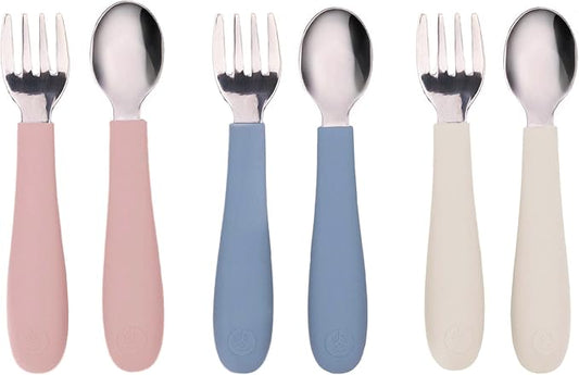 WeeSprout Toddler Utensils, 3 Forks & 3 Spoons, 18/8 Stainless Steel & Food Grade Silicone, Thick Easy-Grip Handles, Perfect Length For New Self Feeders, Gentle On Gums & Teeth, Dishwasher Safe