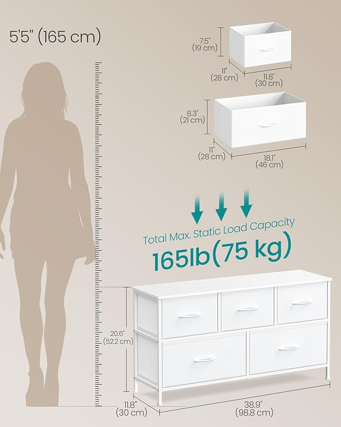 SONGMICS Dresser for Bedroom, Chest of Drawers, Steel, MDF, 5 Non-Woven Fabric Drawers, Storage Organizer Unit, Closet, Entryway, Cloud White and Snow White ULGS322W01S