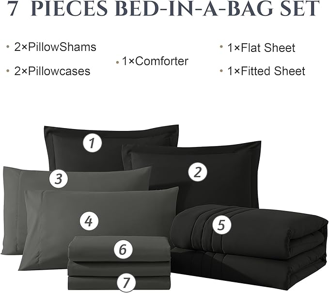 Monbix Full Comforter Set - 7 Pieces Black Bed in a Bag Full Size Bedding Sets with Comforters, All Seasons Comforter with Sheets, Pillowcases & Shams