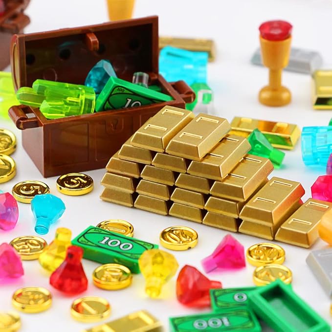 Feleph Treasure Accessories Money Building Blocks Set Jewel Chest, Gems Diamonds, Bullion Gold Tile Silver Bar, Power Crystals, Coins, Goblet, 100 Dollar Bill Cash Toy Brick