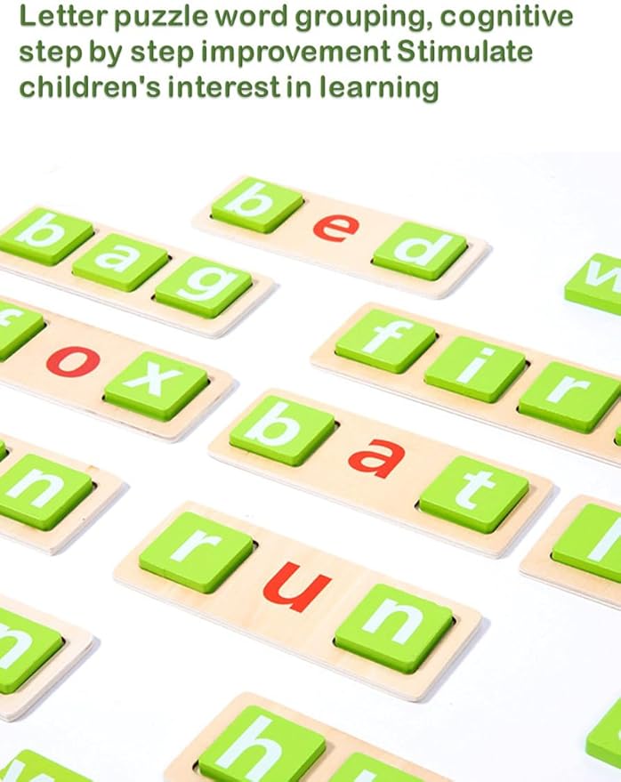 Wooden CVC Word Spelling Games for Kids Ages 3-6, Montessori Educational Toys, Preschool Kindergarten Learning Activities for Toddlers 3 4 5 6 Years Old, Wooden Spelling Blocks