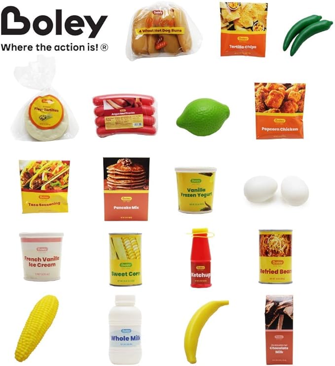 Boley Shopping Basket Toy - Pretend Grocery Shopping Play Set with 24 Realistic Play Food Items - Fruits, Vegetables, Drinks, Meats - Educational and Durable - for Kids and Toddlers Ages 3 and Up