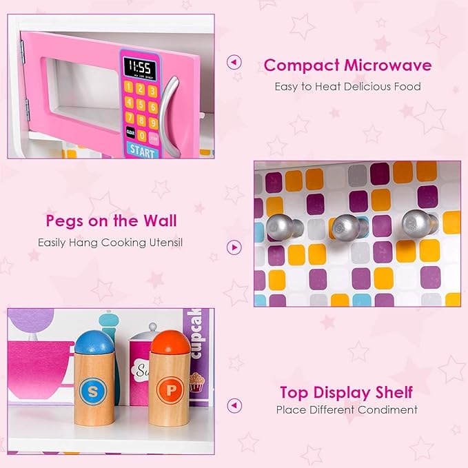 ARLIME Kids Kitchen Playset, Wooden Toy Kitchen w/ Removable Sink, Microwave, Cookware, Large Storage Cabinet, Pretend Play Kitchen for Boys Girls (Pink)