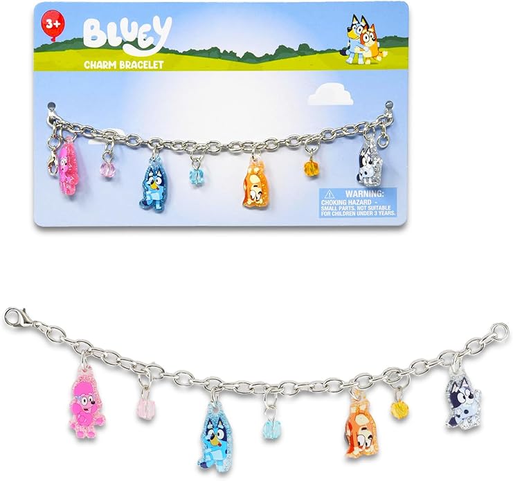 Bluey Jewelry Set for Girls - Bluey Dress Up Accessories Bundle with Necklace, Charm Bracelet, Stickers, and More | Bluey Necklace and Bracelet Set for Kids
