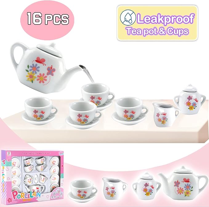 16 Piece Rose Flower Miniature Porcelain Ceramic Tea Set | Kids Toy Mini Pretend Play Kitchen Decorated Playset | Small Party Accessories Teapot, Cups, Sugar Bowl and Creamer