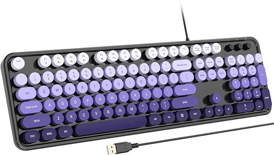 Computer Keyboard Wired, Retro USB Keyboard with Large Number Pad, Caps Indicators, Foldable Stands, Full Size Typewriter Keyboard for Windows PC Laptop (Black Purple)