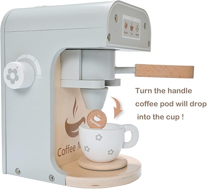 Kids Wooden Toys Toddler Pretend Play Kitchen Accessories Coffee Maker Espresso Machine Playset Montessori Kitchen Toy Gift for Girls and Boys